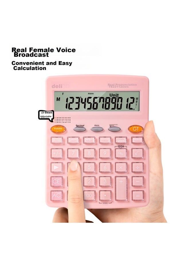 Deli Crystal Button Voice Calculator, 12-digit Display, With Alarm/timer Function, Financial Office Supplies, Te221 Fresh Pink - Image 1