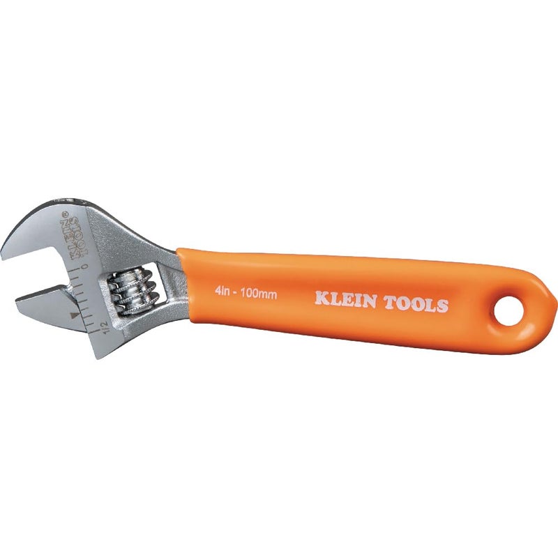 Klein Tools O5064 Adjustable Wrench, Extra-Capacity Jaw, Forged Heat-Treated Alloy Steel, SAE, Metric Scales, Plastic-Dipped Handle, 4-Inch - Image 1