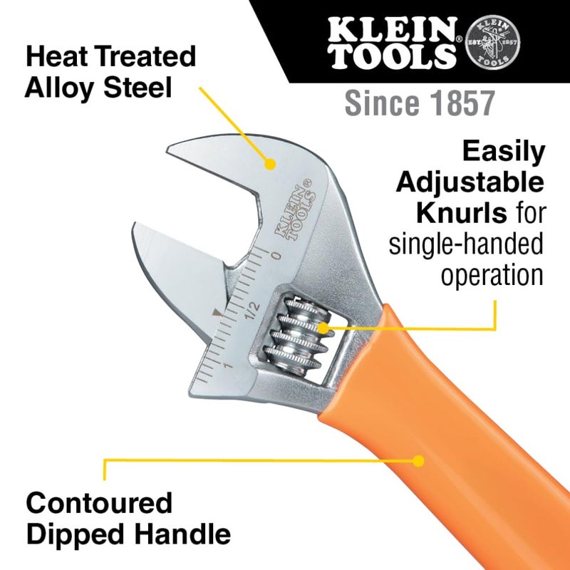 Klein Tools O5064 Adjustable Wrench, Extra-Capacity Jaw, Forged Heat-Treated Alloy Steel, SAE, Metric Scales, Plastic-Dipped Handle, 4-Inch - Image 2