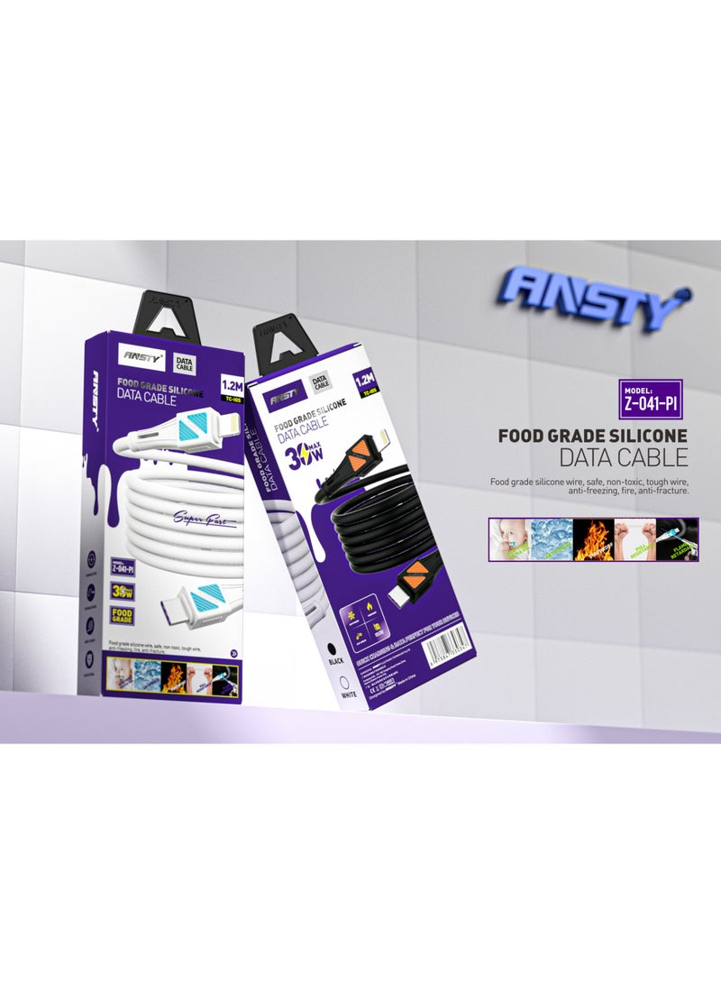 ANSTY Z-041-PI Food Grade Silicone USB-C to Lightning Data Cable - 30W Fast Charging, 1.2M, White