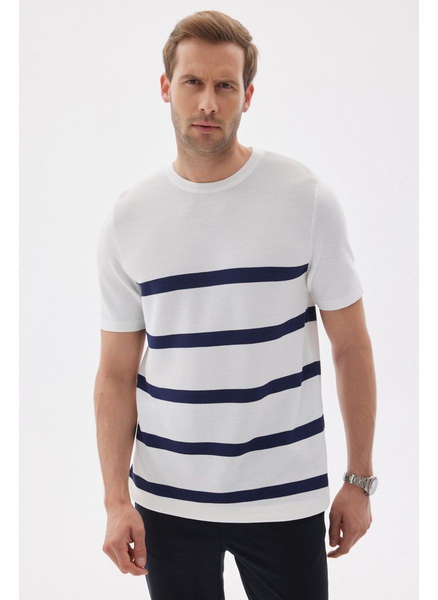 Odelon Limited Men's Striped Crew Neck Rayon Knit T-Shirt Ecru  - Image 1