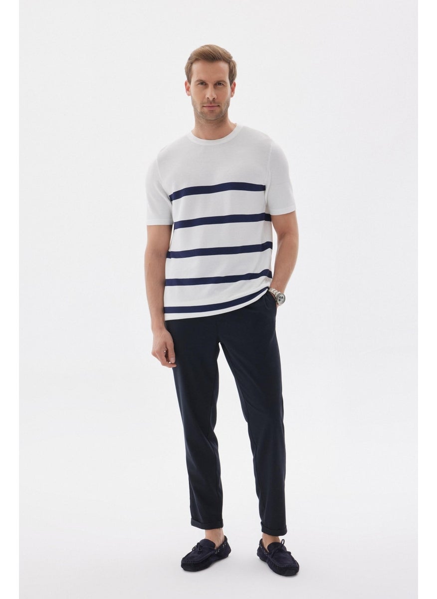 Odelon Limited Men's Striped Crew Neck Rayon Knit T-Shirt Ecru  - Image 2