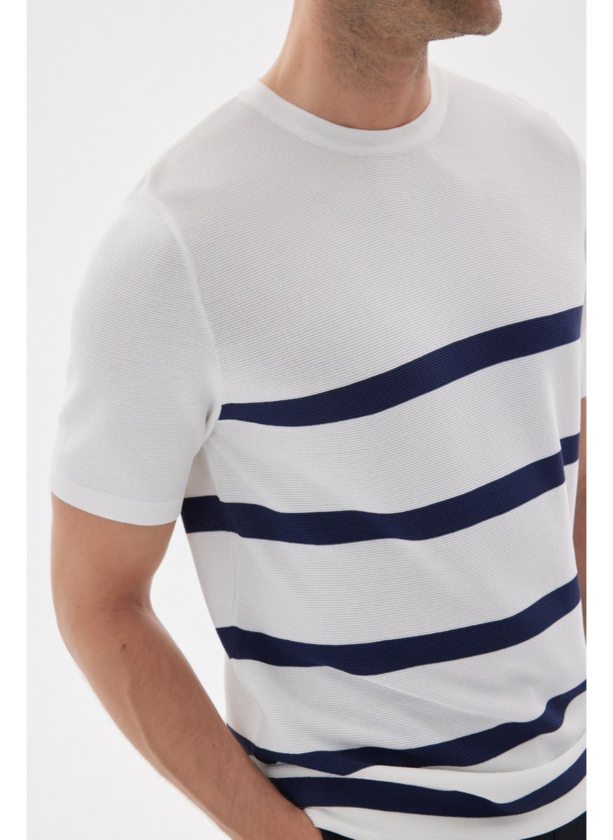 Odelon Limited Men's Striped Crew Neck Rayon Knit T-Shirt Ecru  - Image 5