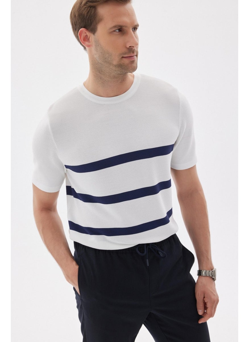 Odelon Limited Men's Striped Crew Neck Rayon Knit T-Shirt Ecru  - Image 3