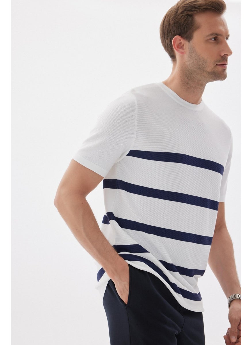Odelon Limited Men's Striped Crew Neck Rayon Knit T-Shirt Ecru  - Image 4