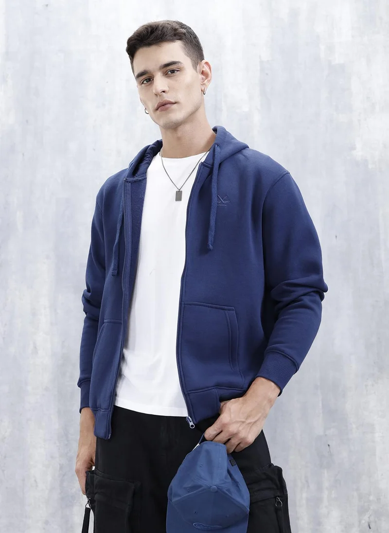 روجن Men’s Solid Zip-Up Hoodie Sweatshirt | Blue