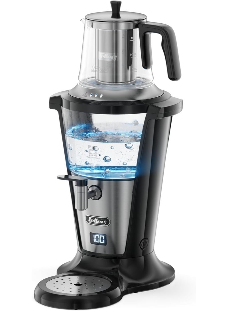 Feller Electric Glass Samovar Teamaker,German Schott Glass,3L Samovar+1L Teapot,2000W, Anti-Drip Valve+Water Flow Stabilizer, Digital Display - Image 1