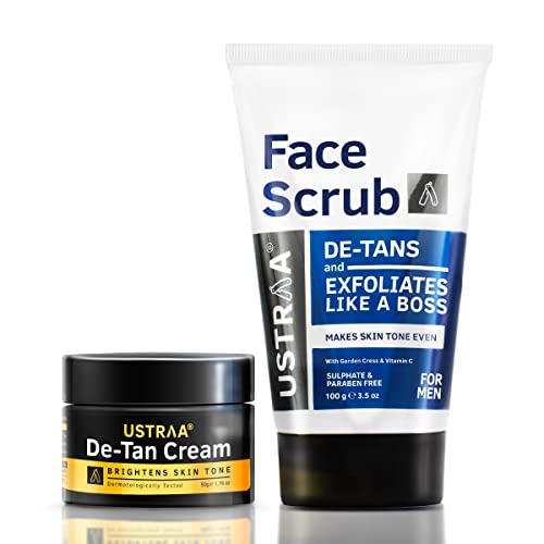 Ustraa Total De-Tan Kit - De-Tan Face Cream, 50gm - Effective Tan Removal | & De-Tan Face Scrub - With Walnut Granules, 100gm- Helps in Tan Removal & Even Skin Tone | For All Skin Types | No SLS - Image 1