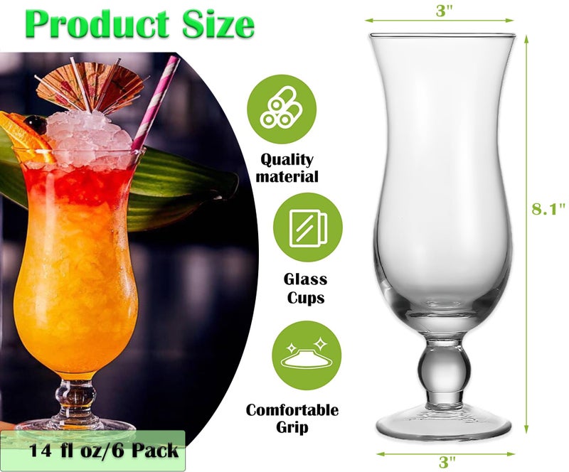 Cheardia 6 Pack Hurricane Glass  14 Oz Pina Colada Glasses Clear Tulip Drinking Cups For Juices  Cocktails  Full-Bodied Beer  Tropical Drinks  Water  Beverages - Image 2