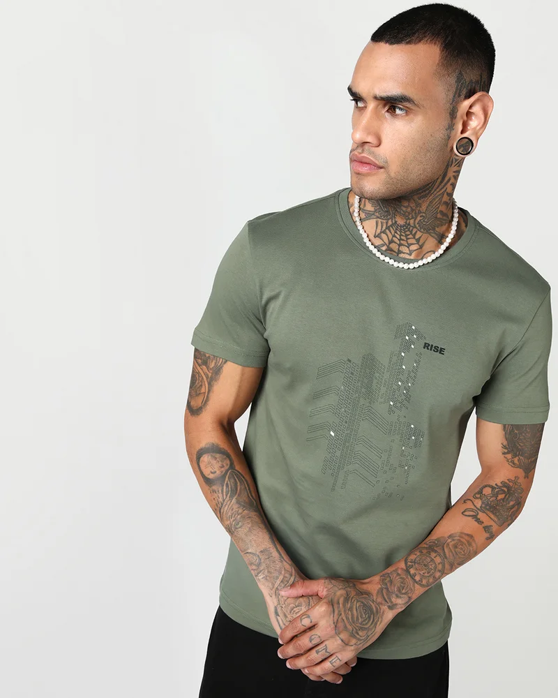 Men's Olivine Green Rise Graphic Printed T-shirt