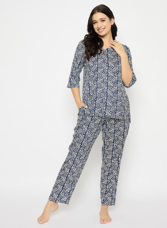 Clovia Leaf Print V-Neck Top and Pyjama Set - Image 3