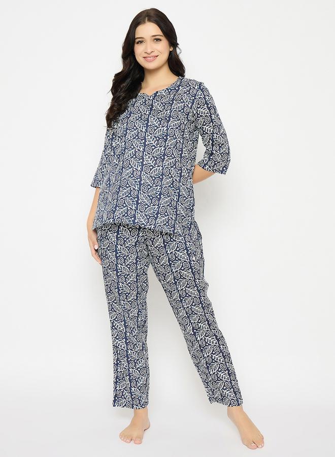 Clovia Leaf Print V-Neck Top and Pyjama Set - Image 2