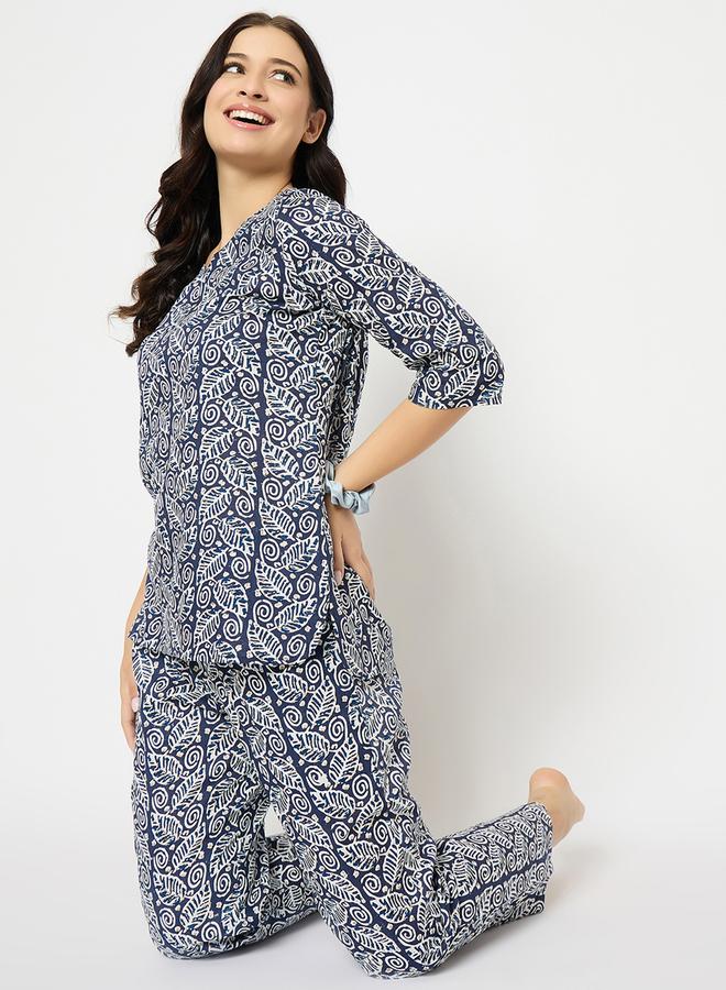 Clovia Leaf Print V-Neck Top and Pyjama Set - Image 1