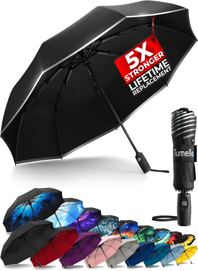 TUMELLA Strongest Windproof Travel Umbrella (Compact, Superior & Beautiful), Small, Wind-Tested, Light & Portable, Automatic Folding Rain Umbrella, Durable Premium Grip, Fits Car and Backpack, Black - Image 1
