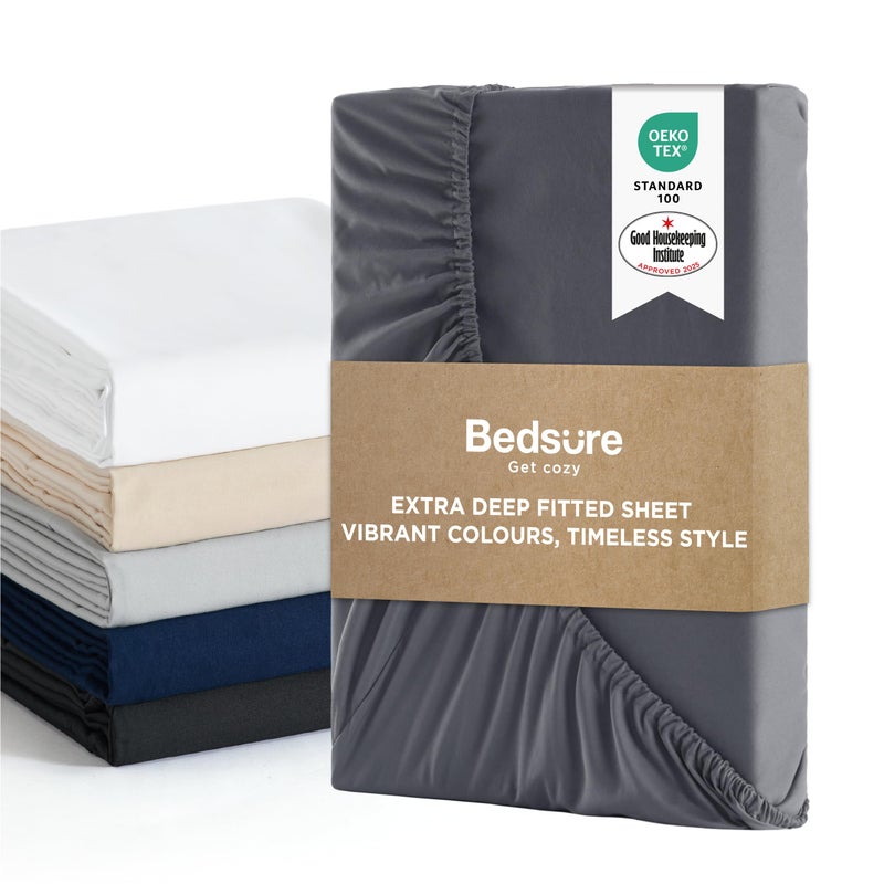 Bedsure Super King Fitted Sheet  Bed Sheets Extra Deep Pocket 16 inch 40 cm made of Soft Brushed Microfiber for Super King Bed Dark Grey 180x200cm