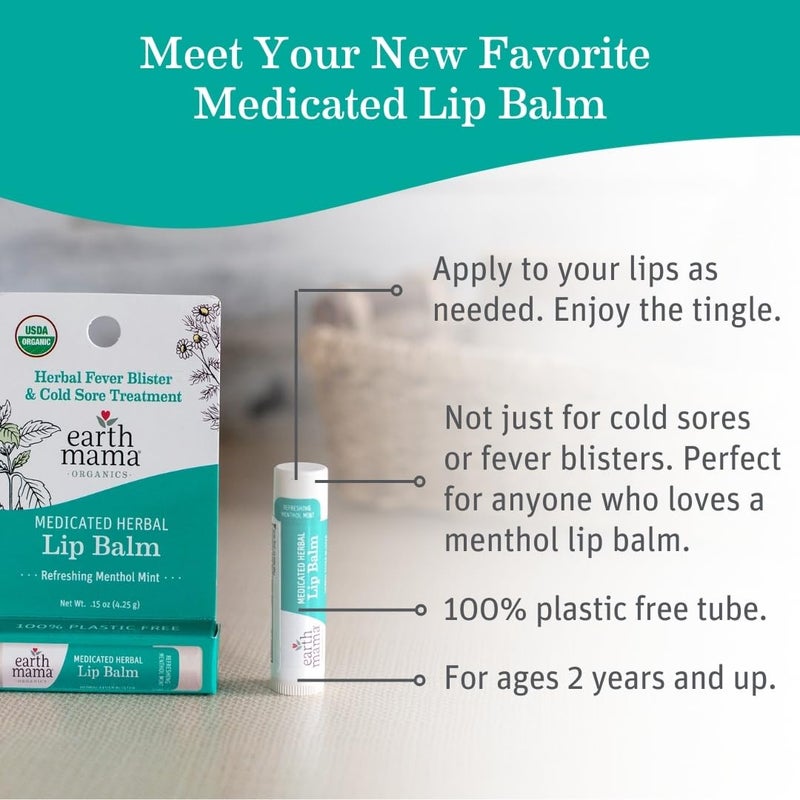 Earth Mama Medicated Herbal Lip Balm | Organic Lip Balm with Menthol for Fever Blister & Cold Sore | Refreshing Menthol Mint Lip Care, 0.15 oz - Image 2