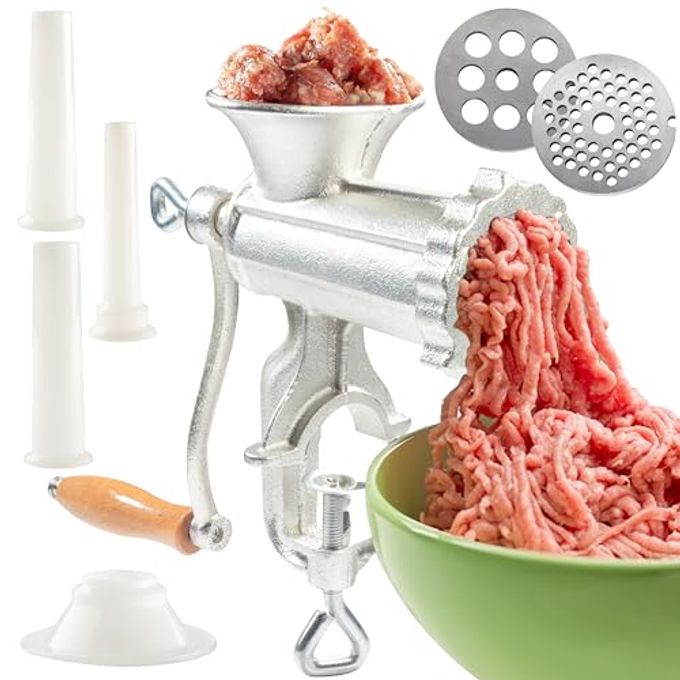 Meat Grinder w Tabletop Clamp & 2 Cutting Disks, Cast Iron Heavy Duty Sausage Maker & Manual Meat Mincer- Homemade Burger Patties, Ground Beef & More, Portable Holiday Cooking, Kitchen Essential Gift