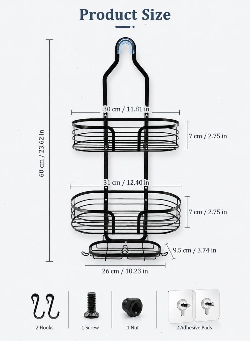 Hanging Shower Caddy, 2-Tier Bathroom Shower Organizer with Hooks and Soap Holder, No-Drill Over Shower Head Storage Rack, Black - Image 3