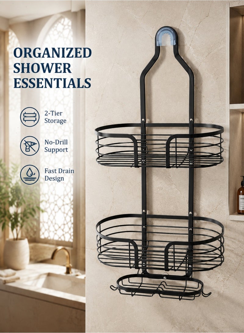 Hanging Shower Caddy, 2-Tier Bathroom Shower Organizer with Hooks and Soap Holder, No-Drill Over Shower Head Storage Rack, Black - Image 2