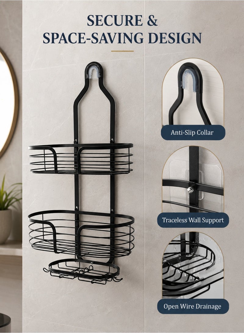 Hanging Shower Caddy, 2-Tier Bathroom Shower Organizer with Hooks and Soap Holder, No-Drill Over Shower Head Storage Rack, Black - Image 4