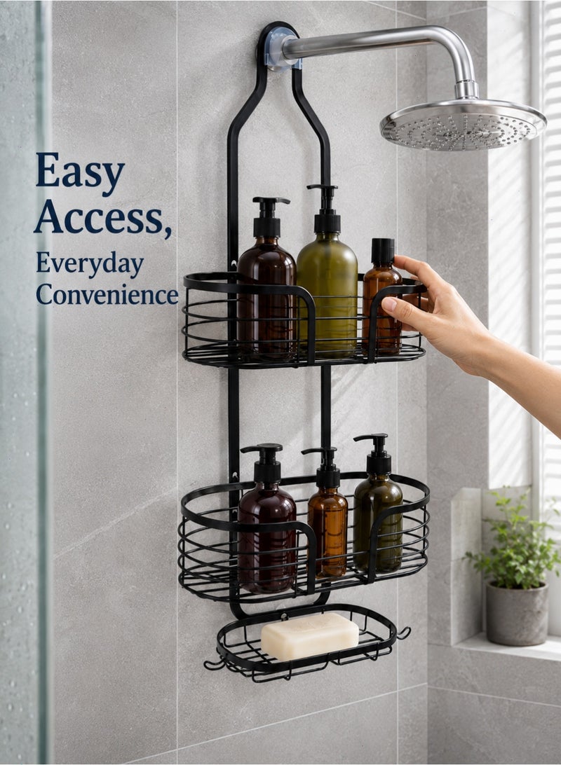 Hanging Shower Caddy, 2-Tier Bathroom Shower Organizer with Hooks and Soap Holder, No-Drill Over Shower Head Storage Rack, Black - Image 1