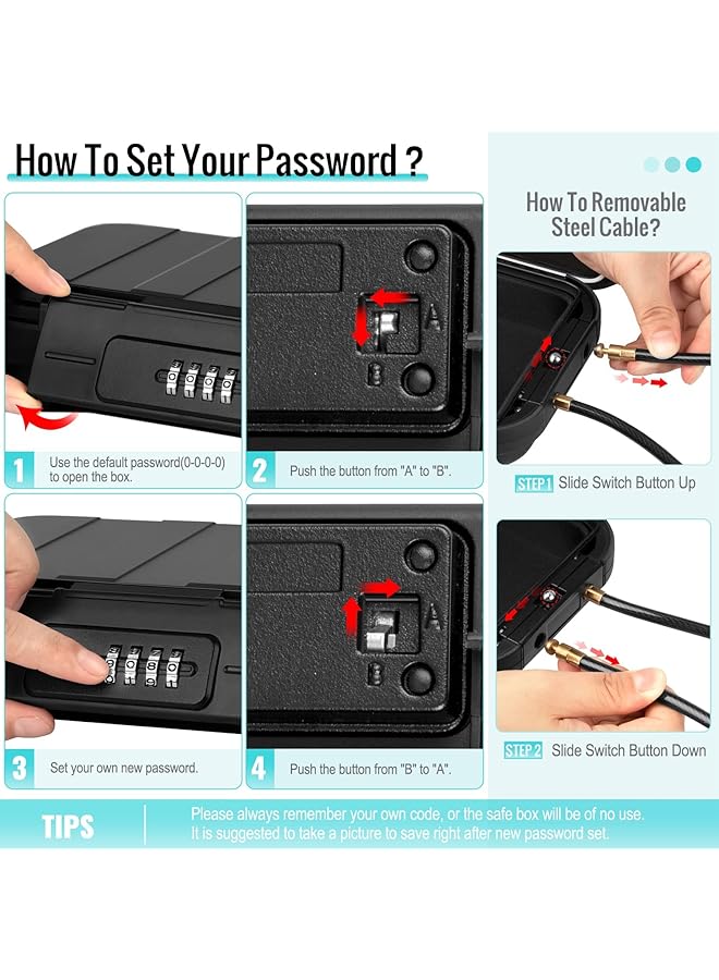 إيروريكس صندوق أمان محمول مزود بمجموعة رموز أمان وصندوق قفل مقاوم للماء مع حبل سلكي قابل للإزالة وصندوق أمان آمن للسيارة والمنزل والسفر - Image 2
