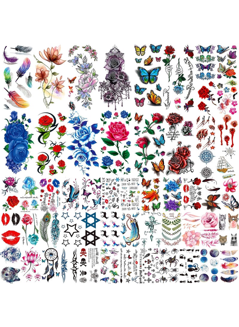 NIBEMINENT Rose Flowers Temporary Tattoos, Realistic Feather 3D Butterfly Fake Tattoos for Girls, Floral Blossom Branch Arm Neck Face Tatoo Sticker Kit (56 Sheets) - Image 1
