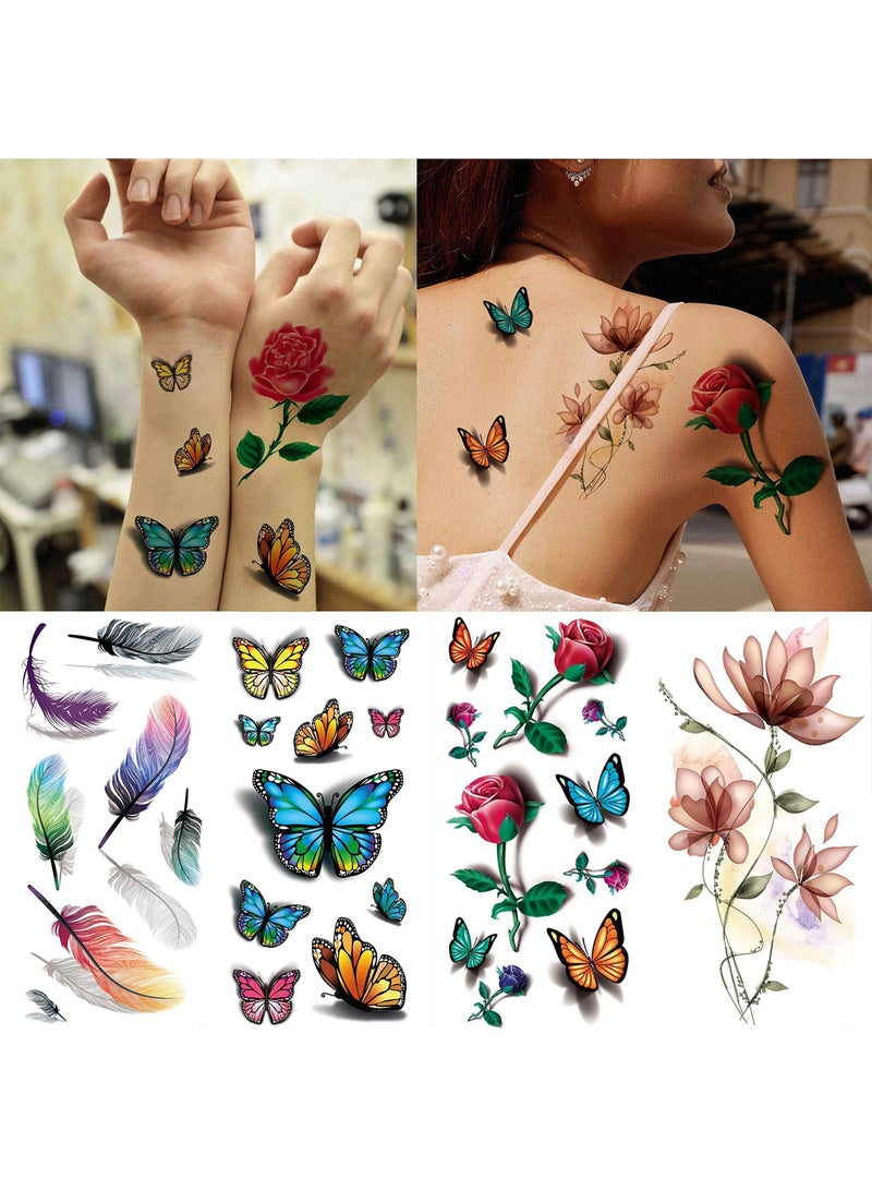 NIBEMINENT Rose Flowers Temporary Tattoos, Realistic Feather 3D Butterfly Fake Tattoos for Girls, Floral Blossom Branch Arm Neck Face Tatoo Sticker Kit (56 Sheets) - Image 2