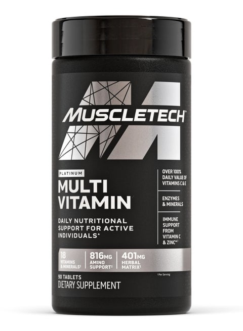 Platinum Multivitamin Daily Nutritional Support for Active Individuals - 816mg Amino - 18 Vitamins & Minerals - 401mg Herbal Matrix - 90 Tablets - Dietary Supplement