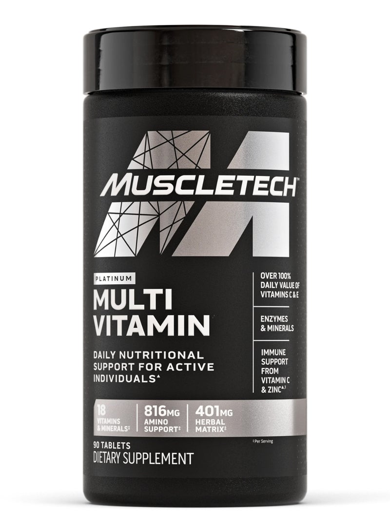 MuscleTech Platinum Multivitamin Daily Nutritional Support for Active Individuals - 816mg Amino - 18 Vitamins & Minerals - 401mg Herbal Matrix - 90 Tablets - Dietary Supplement - Image 1