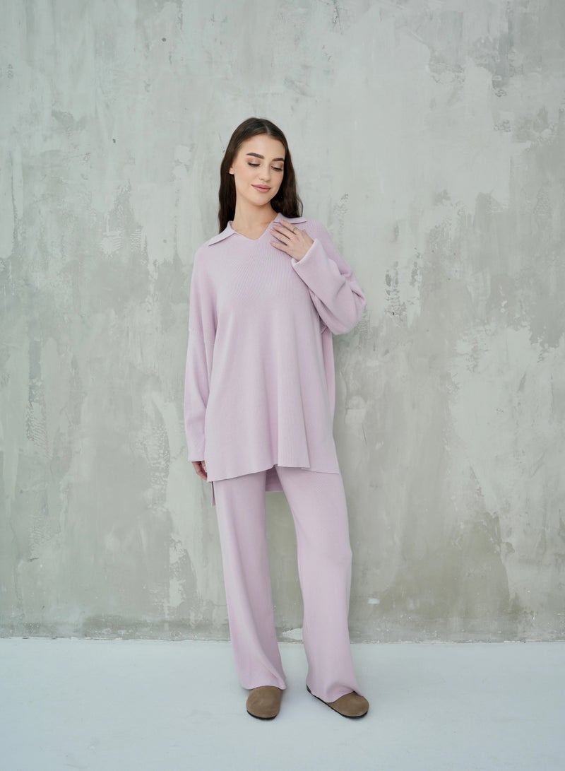 Andy 2322 | Women's Two-Piece Lounge Set – Soft Cotton, Oversized Top with Collar and Relaxed Fit Pants | Pink - Image 2