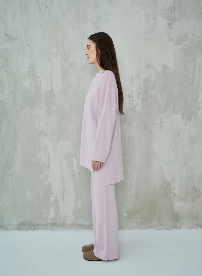 Andy 2322 | Women's Two-Piece Lounge Set – Soft Cotton, Oversized Top with Collar and Relaxed Fit Pants | Pink - Image 3