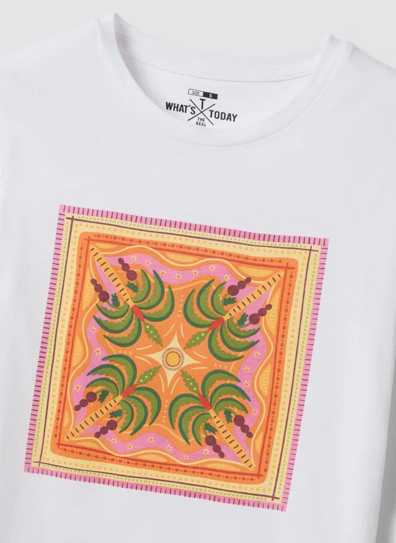 او في اس OVS White Pure Cotton T-Shirt With Front Print