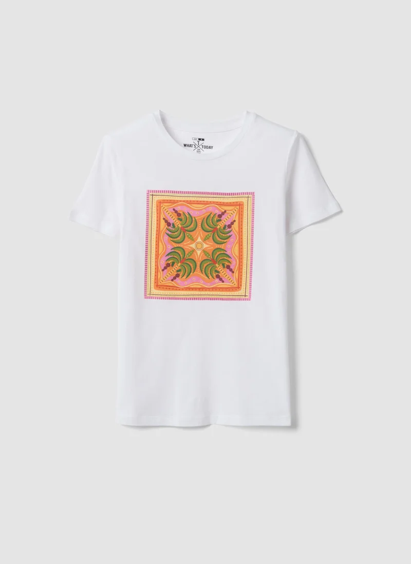 او في اس OVS White Pure Cotton T-Shirt With Front Print