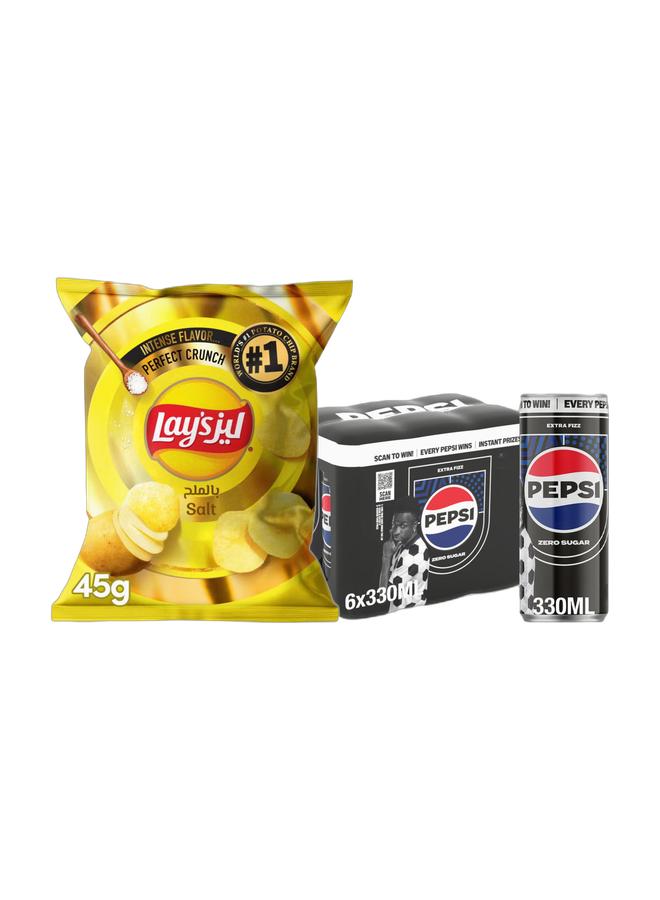 Pepsi Lay's Salt Potato Chips 45grams + Pepsi Carbonated Soft Drink Zero Calories And No Sugar Cans 330ml Pack of 6