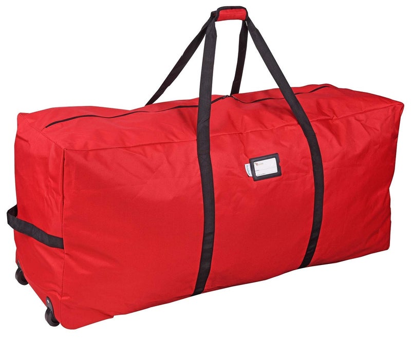 Primode Christmas Rolling Tree Storage Bag Fits Up to 75 Ft Tall Disassembled Holiday Trees 22 H X 16 W X 50 L Large Heavy Duty Storage Container with 2 Wheels and Handles Red