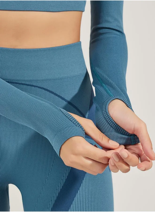 Styli Stripe Color Block Thumbhole Detail Crop Top & Leggings Set