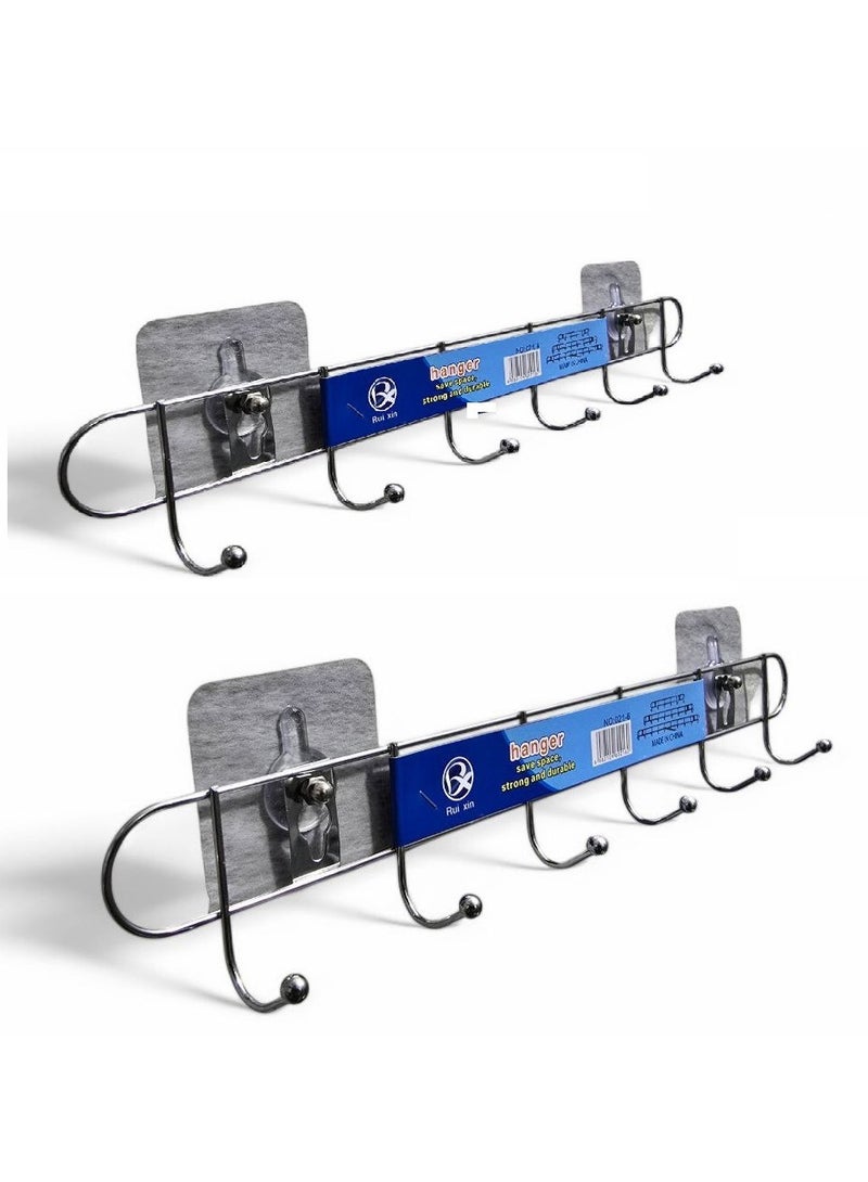 (2 PCS) Over Door Clothes Hangers with Double Sided Adhesive - Kitchen Hanger Hangers - Kitchen Hanger Organizer for Easy Hanging with Double Sided - Non-slip Metal Clothes Hangers with Double Sided for Easy Adhesive on the Wall, Durable and Heavy Duty, Coat and Clothes Hangers - Metal Laundry Hangers for Adults - Door Hanger for Clothes and Clothing - Bathroom and Bedroom Door Hanger - Door Hanger - Over Door Metal Hanger with 6 Hooks Organizer for Towels, Clothes, Keys, Robes, and Caps - Metal Hangers Over Door with 6 Hooks, Suitable for Towels, Coats, Clothes, Caps, Bedroom, Bathroom - Door Coat Hangers Over Door Towel Rack for Caps, Coats, Jackets, Bags, Scarves, Belt, and Umbrellas  - Image 1