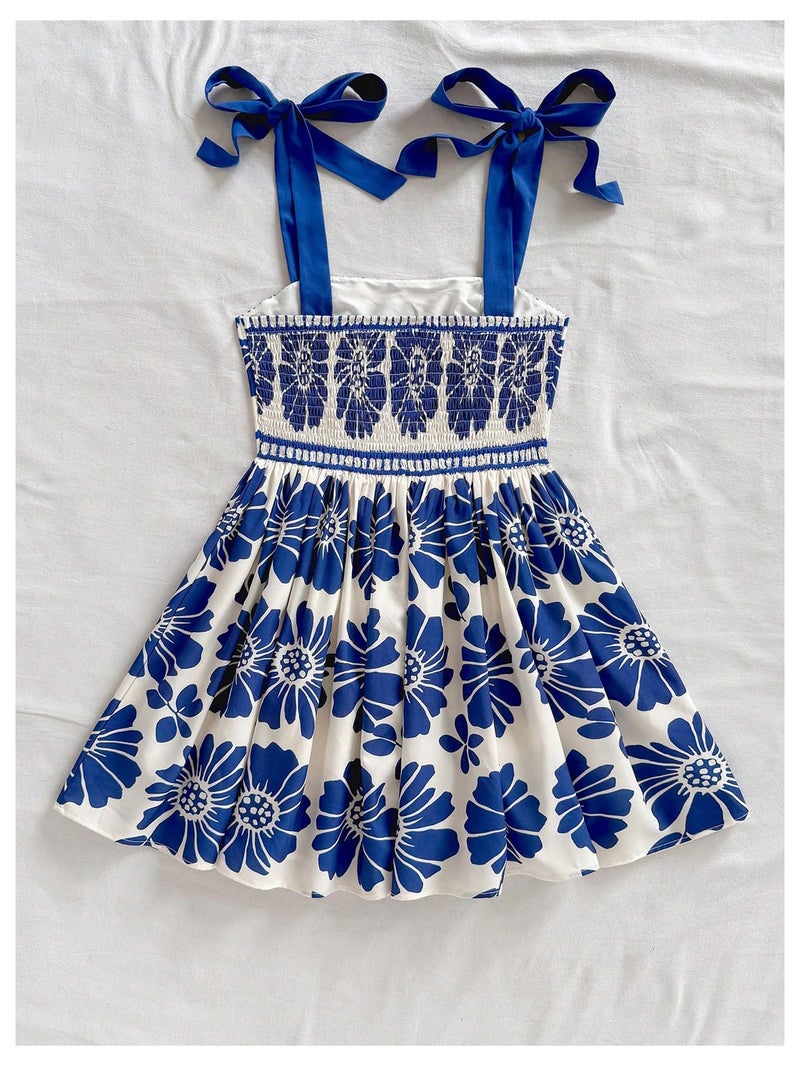 Floerns Women's Summer Floral Print Tie Shoulder Cami Dress Flare Hem Boho Mini Dress Classic Blue Large - Image 3