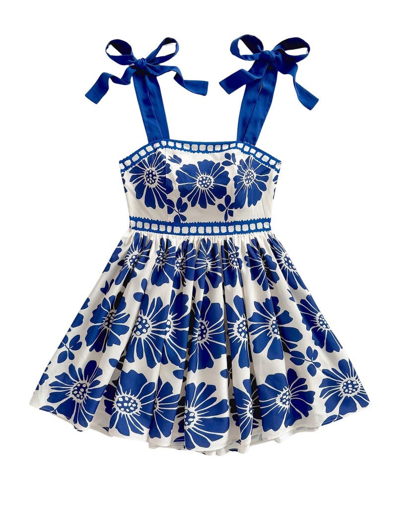 Floerns Women's Summer Floral Print Tie Shoulder Cami Dress Flare Hem Boho Mini Dress Classic Blue Large - Image 1