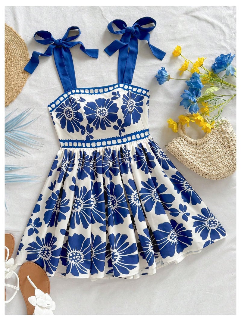 Floerns Women's Summer Floral Print Tie Shoulder Cami Dress Flare Hem Boho Mini Dress Classic Blue Large - Image 2