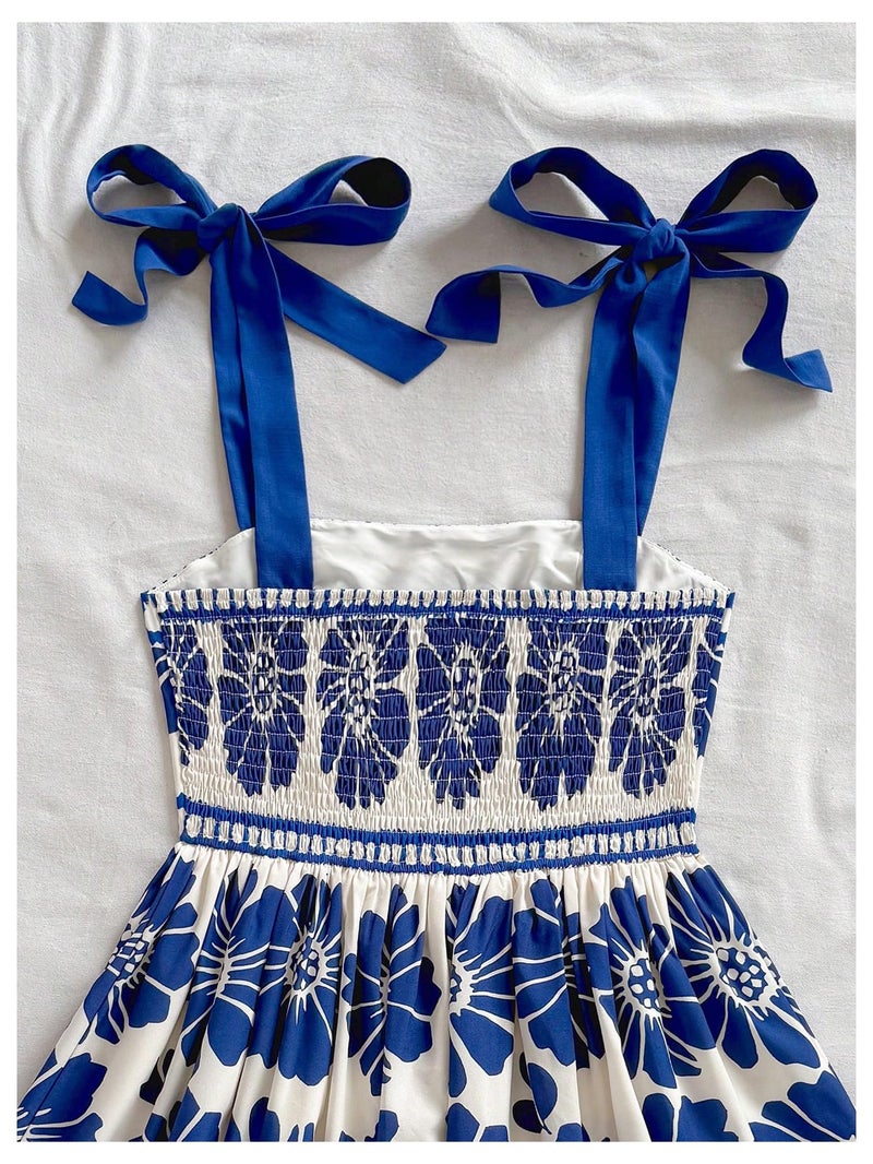 Floerns Women's Summer Floral Print Tie Shoulder Cami Dress Flare Hem Boho Mini Dress Classic Blue Large - Image 5