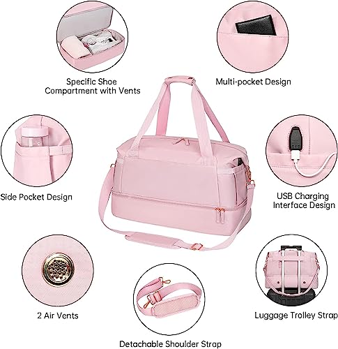 SKYTONE Travel Bags for Men & Womens, Sports Travel Duffel Bag with USB Charging Port, Weekender Overnight Bag with Wet Pocket and Shoes Compartment for Men & Women Multipurpose Use (Pink) - Image 5