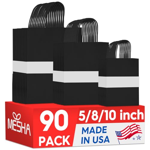 MESHA 90 Pack Black Paper Bags with Handles Bulk, Multiple 3 Assorted Sizes Eco-Friendly Gift Bags for Small Business - Party Favors, Retail, Birthday Goody Bags & Grocery,5/8/10 Inch - Image 1