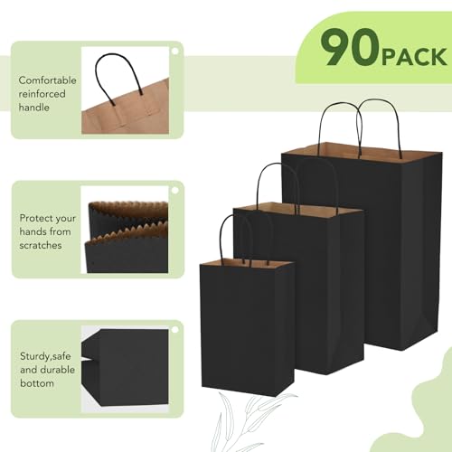 MESHA 90 Pack Black Paper Bags with Handles Bulk, Multiple 3 Assorted Sizes Eco-Friendly Gift Bags for Small Business - Party Favors, Retail, Birthday Goody Bags & Grocery,5/8/10 Inch - Image 4
