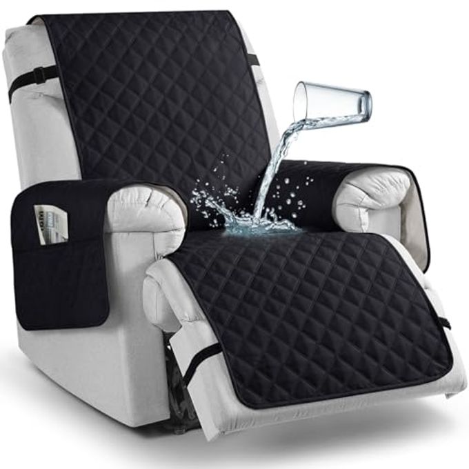 TAOCOCO 100% Waterproof Recliner Chair Covers, Reversible Recliner Covers with Leg Straps, Washable Recliner Sofa Covers for Reclining Chair Furniture Dog Protector with Pocket (Black, 23.6'') - Image 1