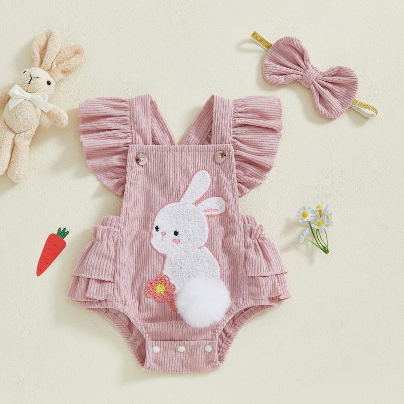 Ayalinggo Easter Baby Girl Outfit My First Easter Bunny Bubble Romper Ruffle Pompom Onesie Newborn Easter Clothes Summer (Pink bunny, 0-3 Months) - Image 2