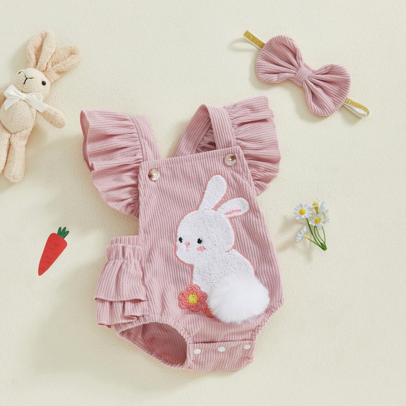 Ayalinggo Easter Baby Girl Outfit My First Easter Bunny Bubble Romper Ruffle Pompom Onesie Newborn Easter Clothes Summer (Pink bunny, 0-3 Months) - Image 3