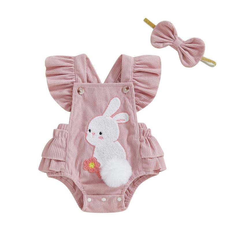 Ayalinggo Easter Baby Girl Outfit My First Easter Bunny Bubble Romper Ruffle Pompom Onesie Newborn Easter Clothes Summer (Pink bunny, 0-3 Months) - Image 1