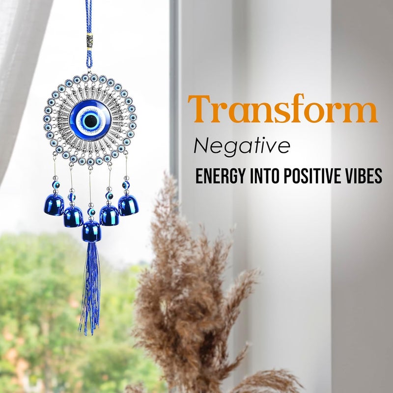 ZAICUS Evil Eye Hanging Wall & Door Decor with Metal Bells | Nazar Battu for Home, Office, Car | Blue Glass Charm Wind Chime for Positive Vibes & Protection - Image 4